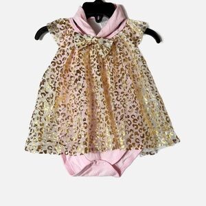 Duck Duck Goose Pink and Gold Animal Print Onesie Dress with Headband